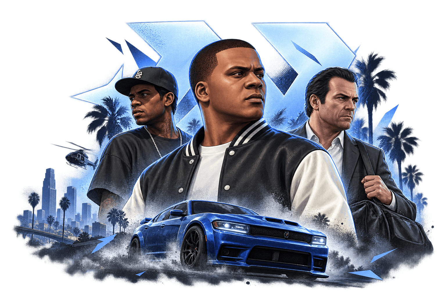 Franklin, Lamar and Michael with a blue tuner car in original Nuiro GTA-inspired artwork